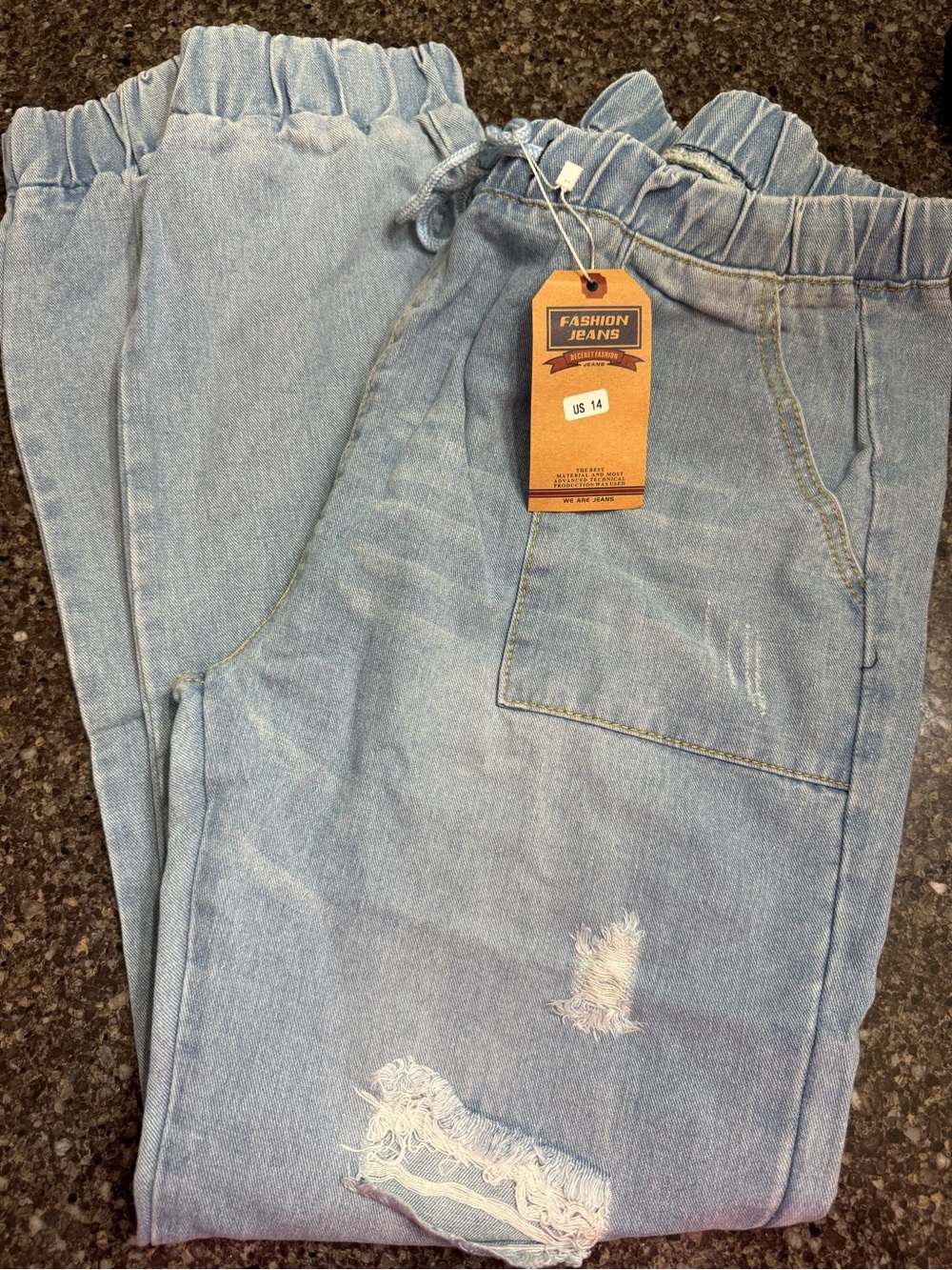 Womens Light Blue Distressed Elastic Waist Jeans 14